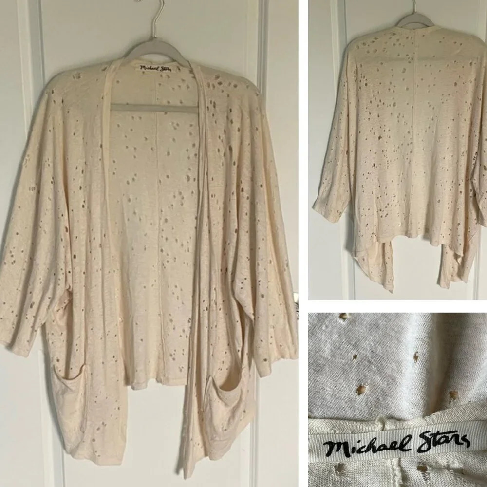 Michael Stars Cream Hemp Cotton Distressed Holes Cardigan Sweater 29529